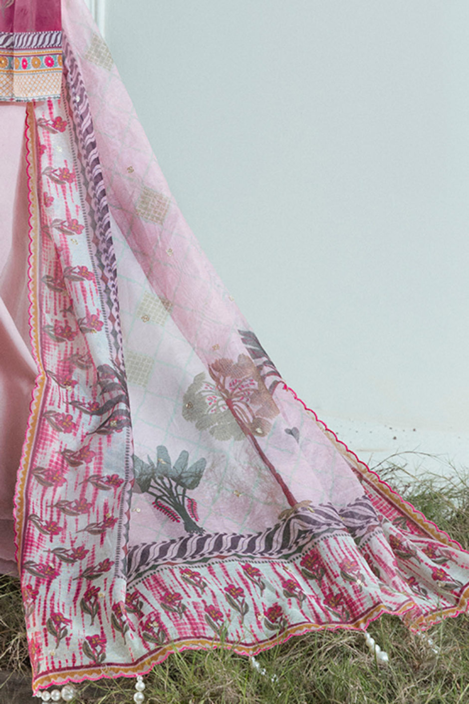 3 Piece Printed Monar Slub Suit with Handwork and Khaddi Net Dupatta
