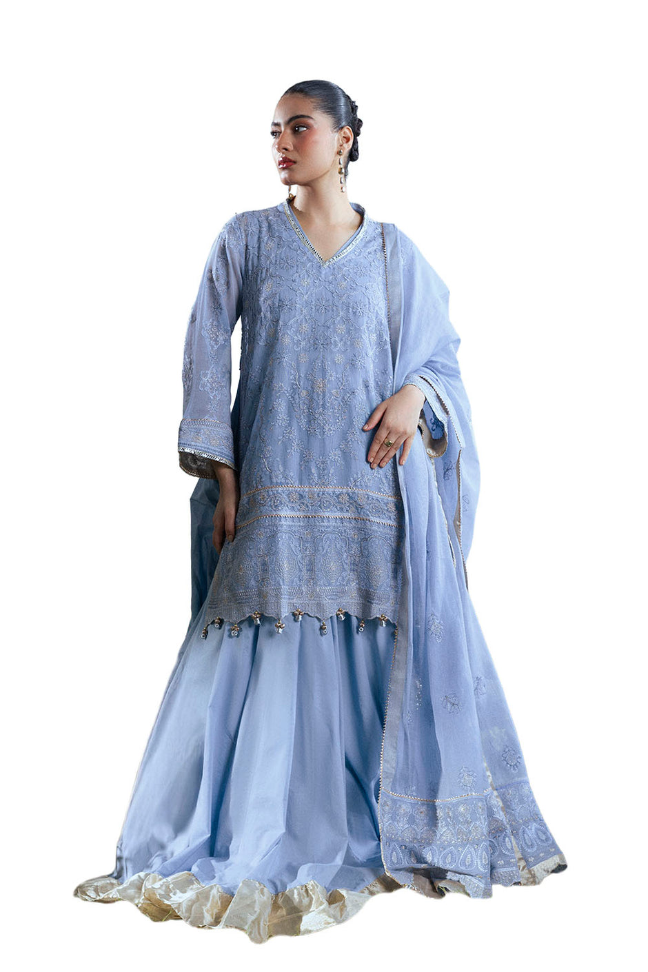 3 Piece Embroidered Cotton Net Suit with Pallu Dupatta FE-52165