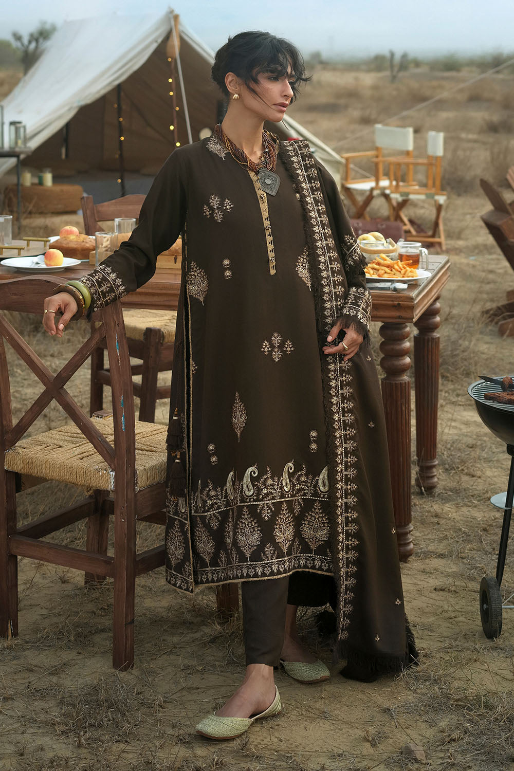 3 Piece Embroidered Karandi Suit with Embroidered Karandi Dupatta
