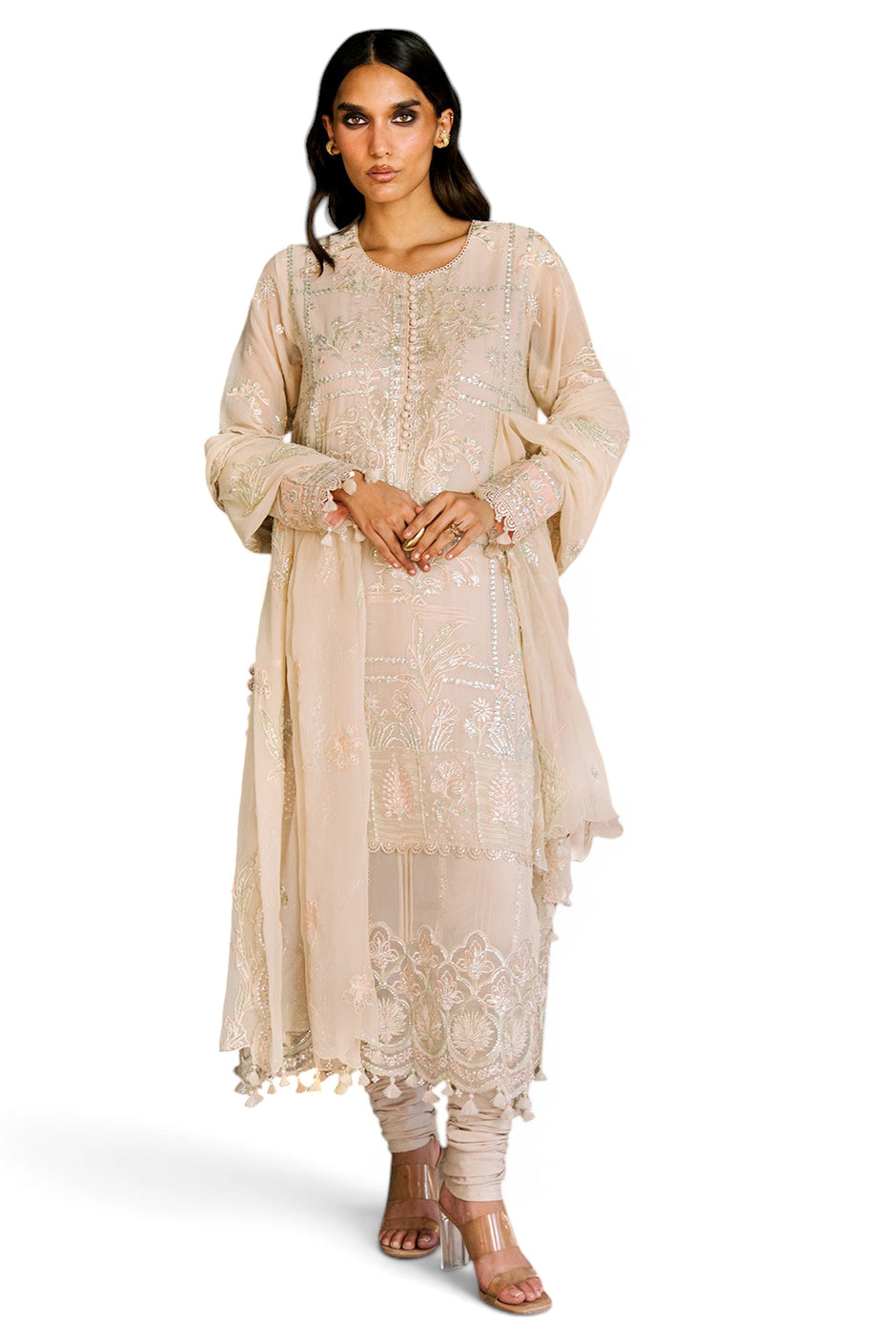 3 Piece Embroidered Chiffon Suit with Organza Borders and Embroidered Chiffon Dupatta