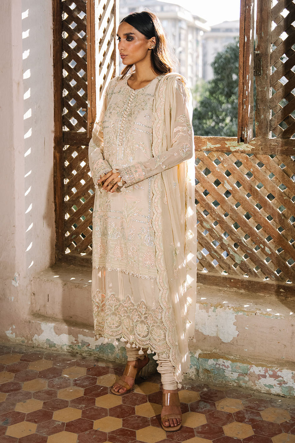 3 Piece Embroidered Chiffon Suit with Organza Borders and Embroidered Chiffon Dupatta