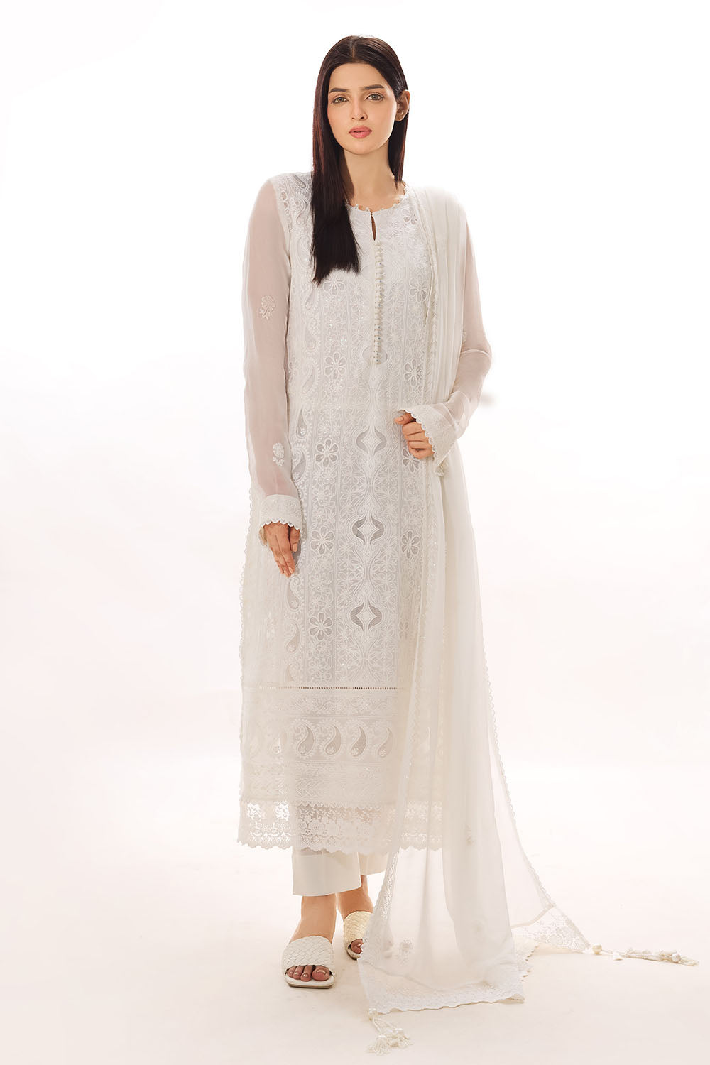 3 Piece Embroidered Chiffon Suit with Cotton Applique LE-62011