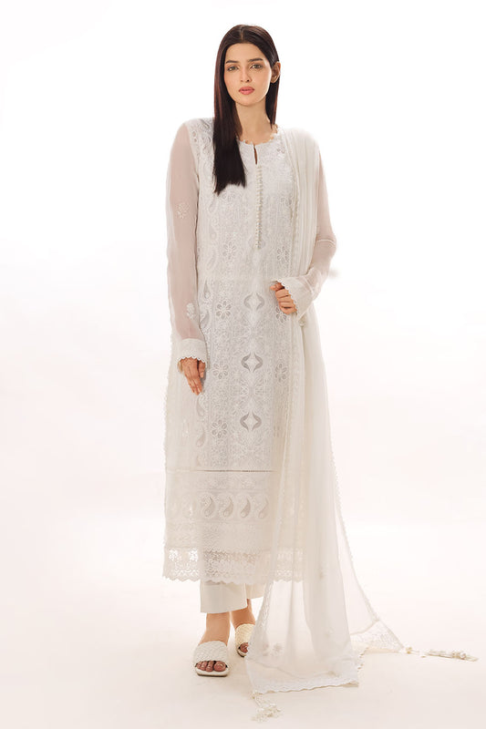 3 Piece Embroidered Chiffon Suit with Cotton Applique LE-62011