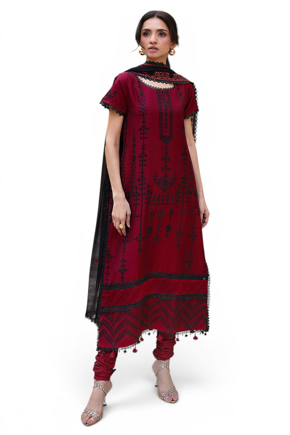 3 Piece Embroidered Cotton Silk Suit with Embroidered Chiffon Dupatta