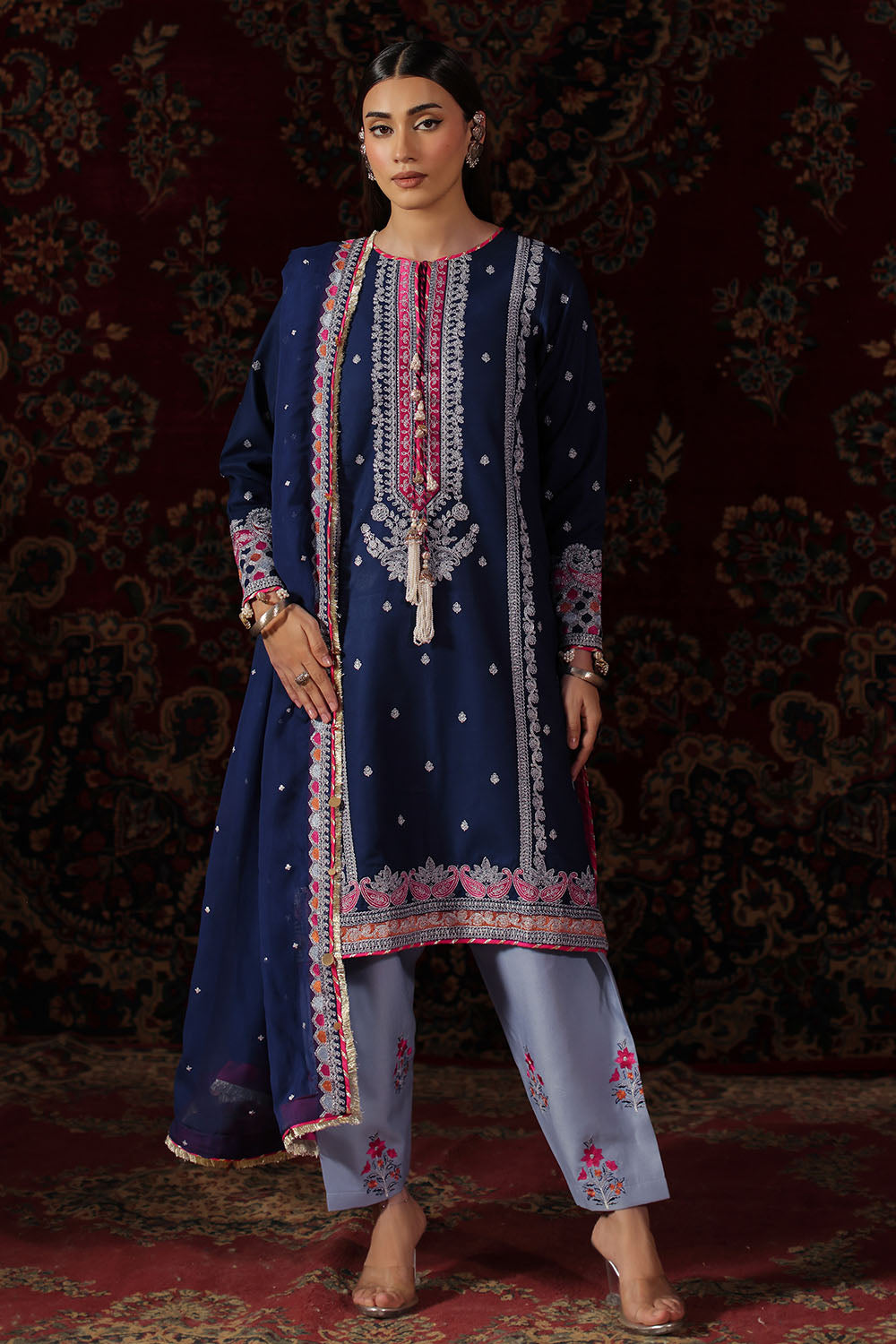 3 Piece Embroidered Crepe Dobby Suit