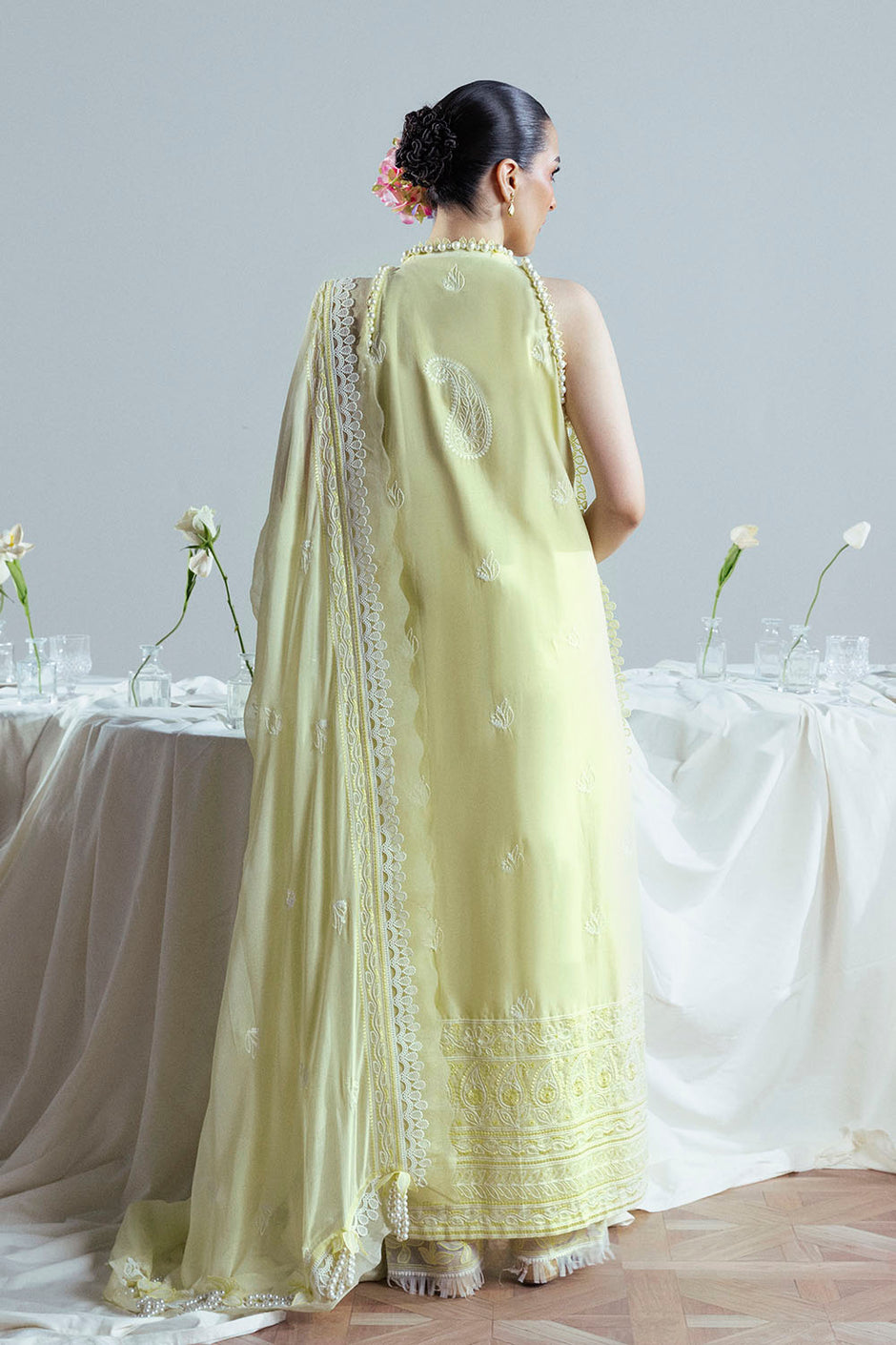 3 Piece Embroidered Cutwork Net Suit with Chiffon Dupatta