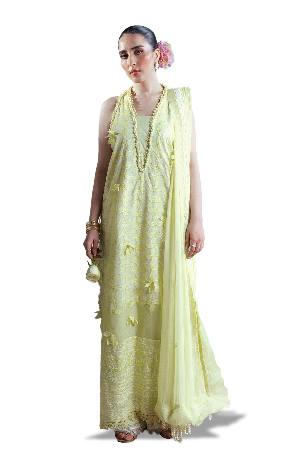 3 Piece Embroidered Cutwork Net Suit with Chiffon Dupatta FE-52159