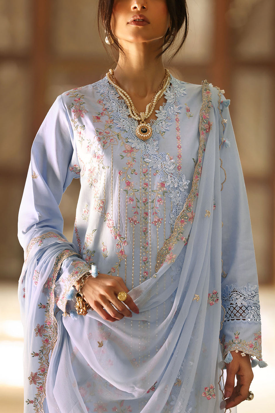3 Piece Embroidered Lawn Suit with Borders and Embroidered Chiffon Dupatta