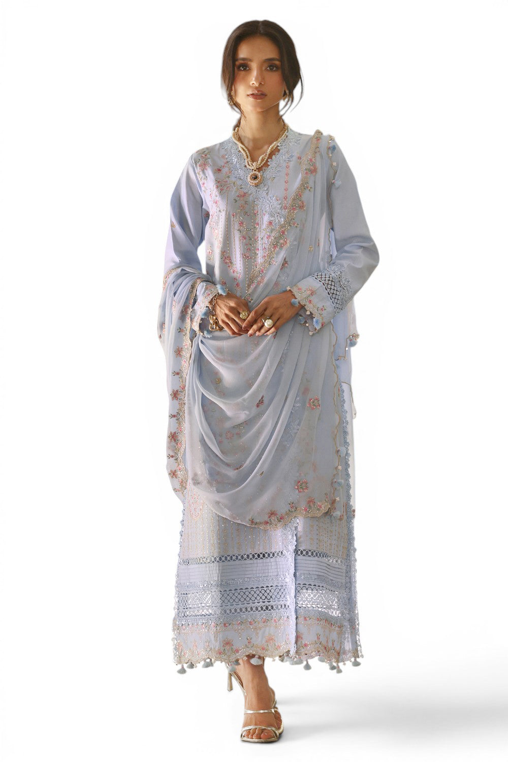 3 Piece Embroidered Lawn Suit with Borders and Embroidered Chiffon Dupatta