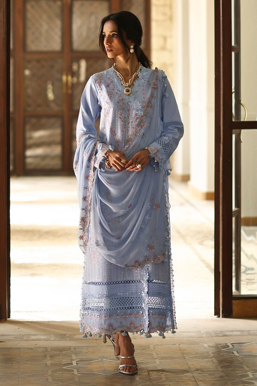 3 Piece Embroidered Lawn Suit with Borders and Embroidered Chiffon Dupatta