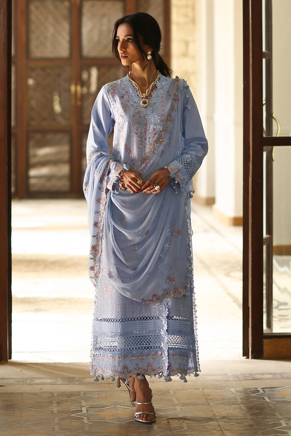 3 Piece Embroidered Lawn Suit with Borders and Embroidered Chiffon Dupatta