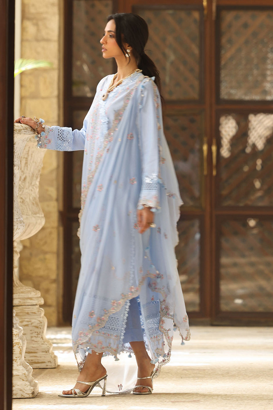 3 Piece Embroidered Lawn Suit with Borders and Embroidered Chiffon Dupatta