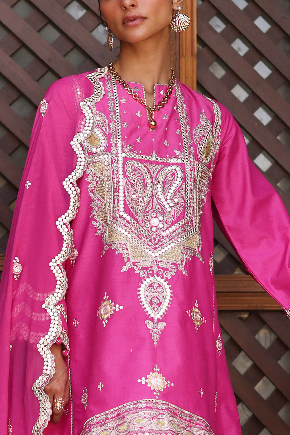 3 Piece Embroidered Lawn Suit with Borders and Embroidered Chiffon Dupatta