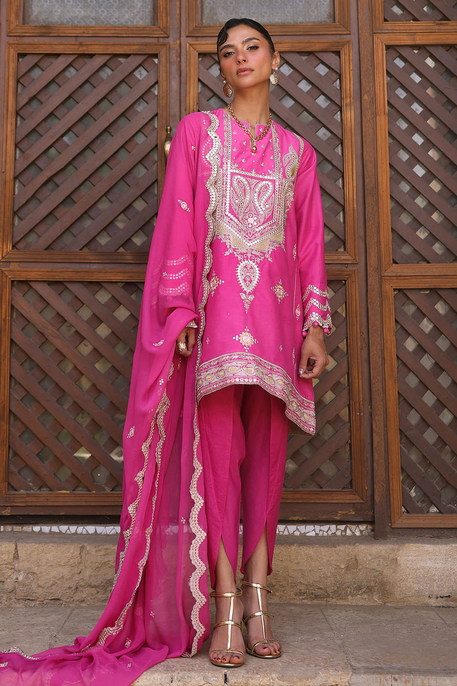3 Piece Embroidered Lawn Suit with Borders and Embroidered Chiffon Dupatta