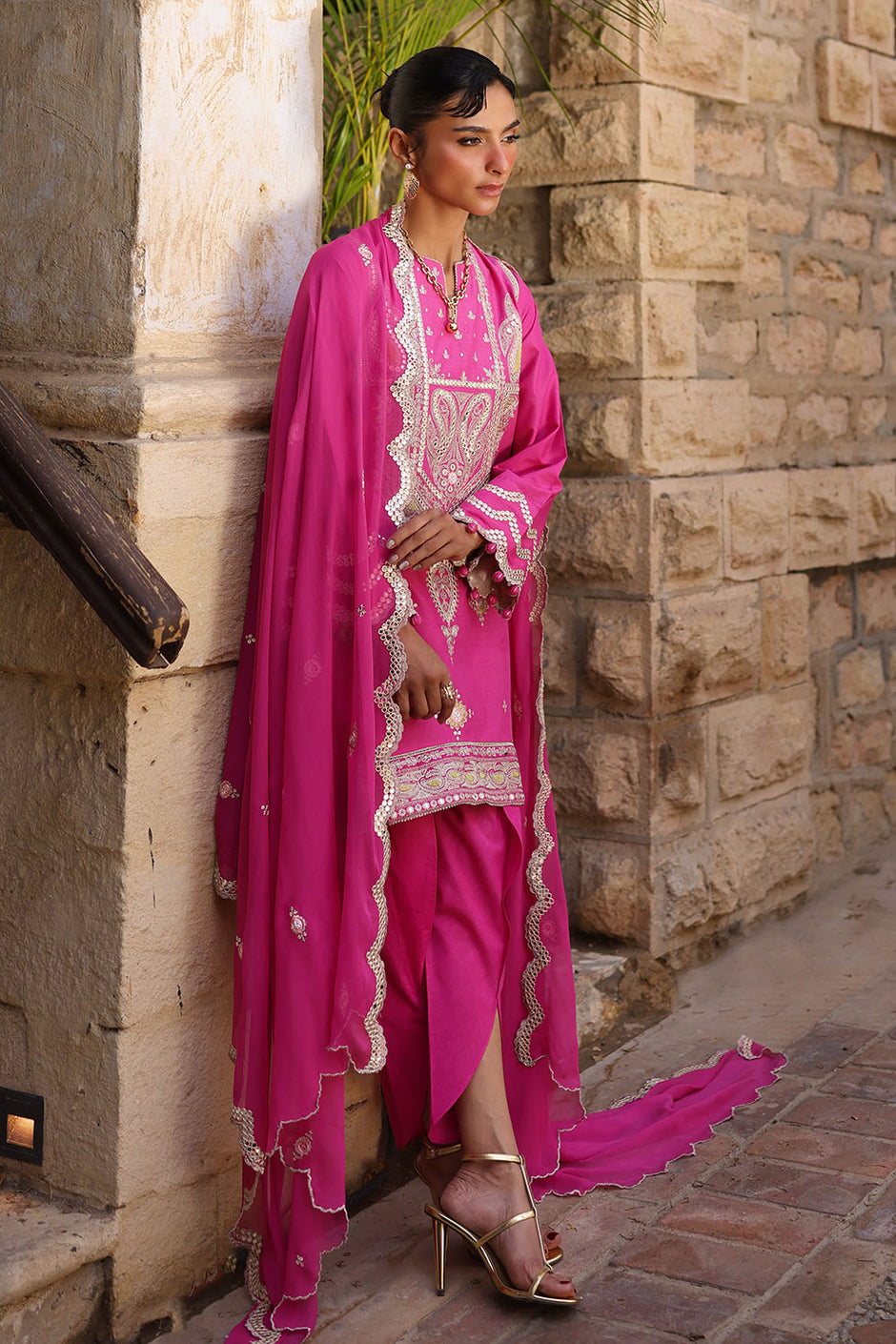 3 Piece Embroidered Lawn Suit with Borders and Embroidered Chiffon Dupatta