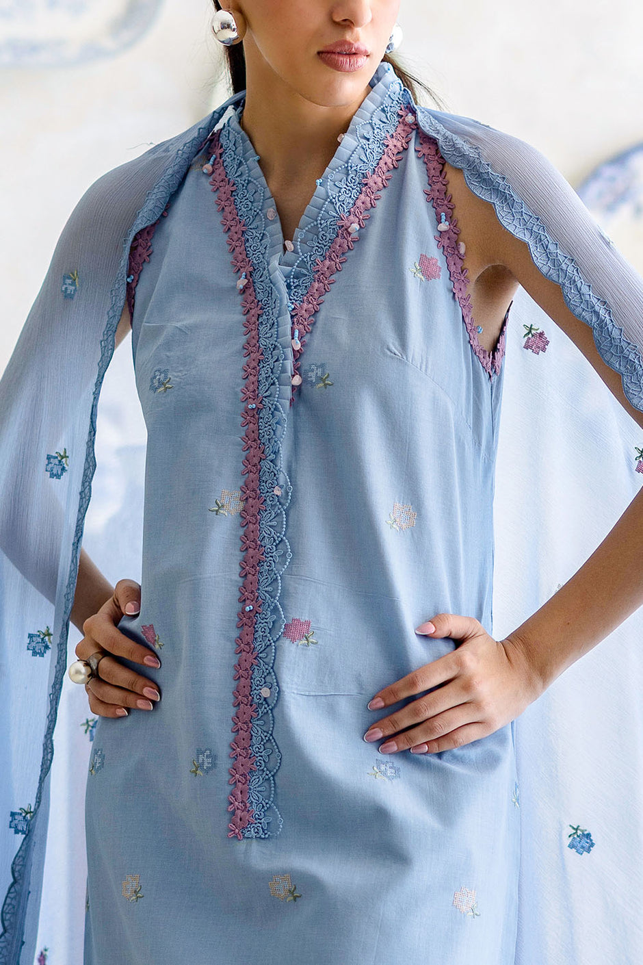 3 Piece Embroidered Lawn Suit with Chiffon Dupatta