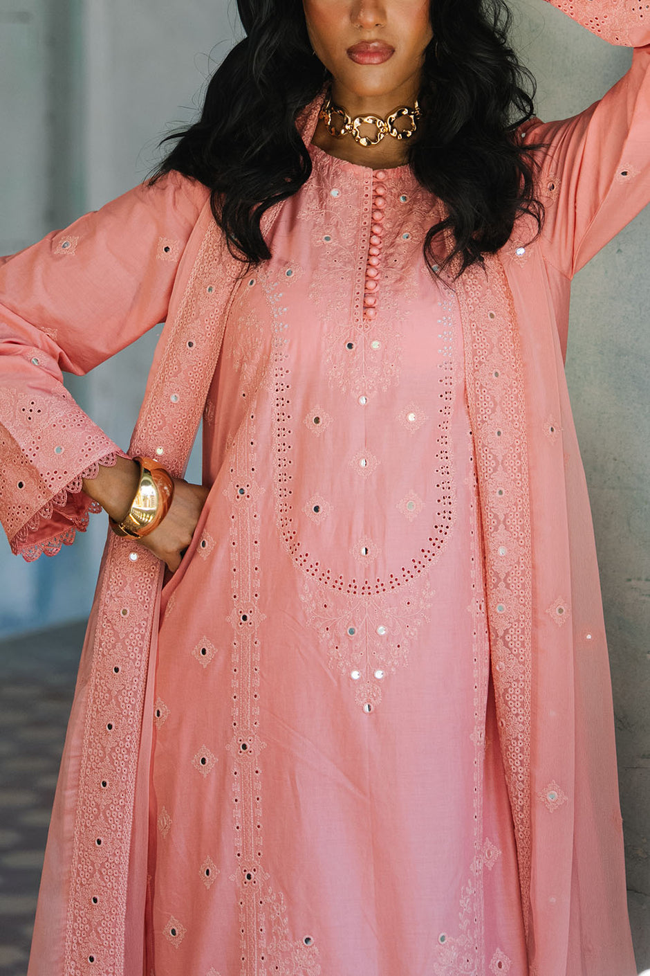 3 Piece Embroidered Lawn Suit with Borders and Embroidered Chiffon Dupatta