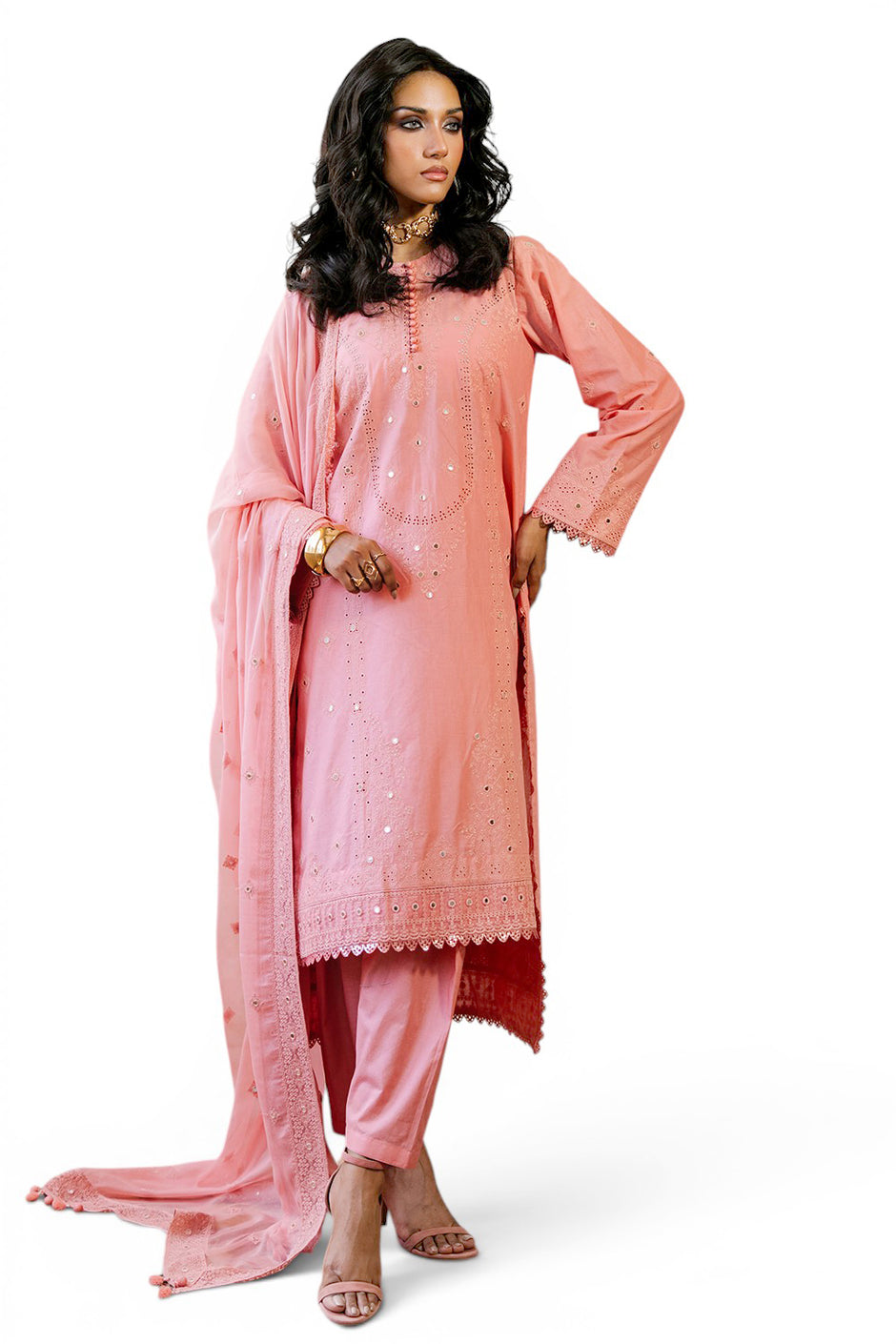 3 Piece Embroidered Lawn Suit with Borders and Embroidered Chiffon Dupatta