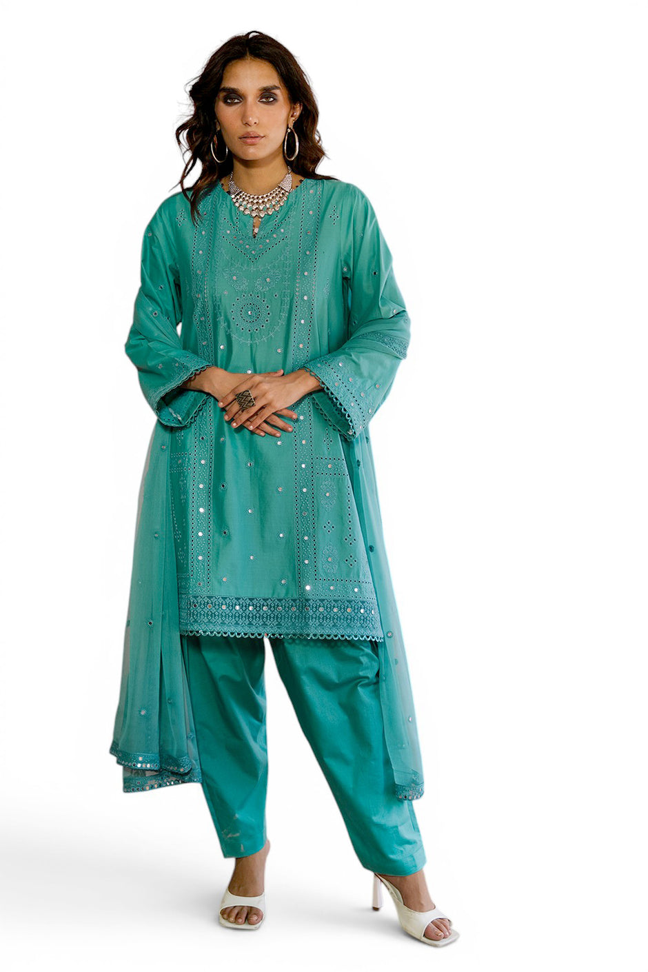 3 Piece Embroidered Lawn Suit with Borders and Embroidered Chiffon Dupatta