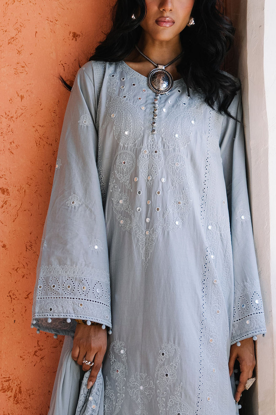 3 Piece Embroidered Lawn Suit with Borders and Embroidered Chiffon Dupatta