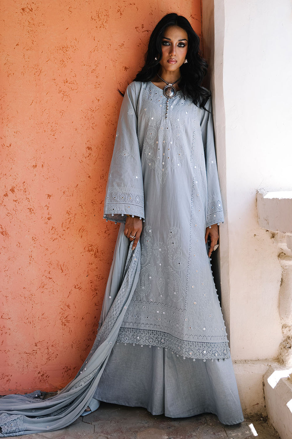 3 Piece Embroidered Lawn Suit with Borders and Embroidered Chiffon Dupatta