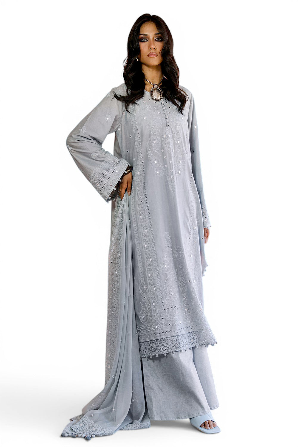 3 Piece Embroidered Lawn Suit with Borders and Embroidered Chiffon Dupatta