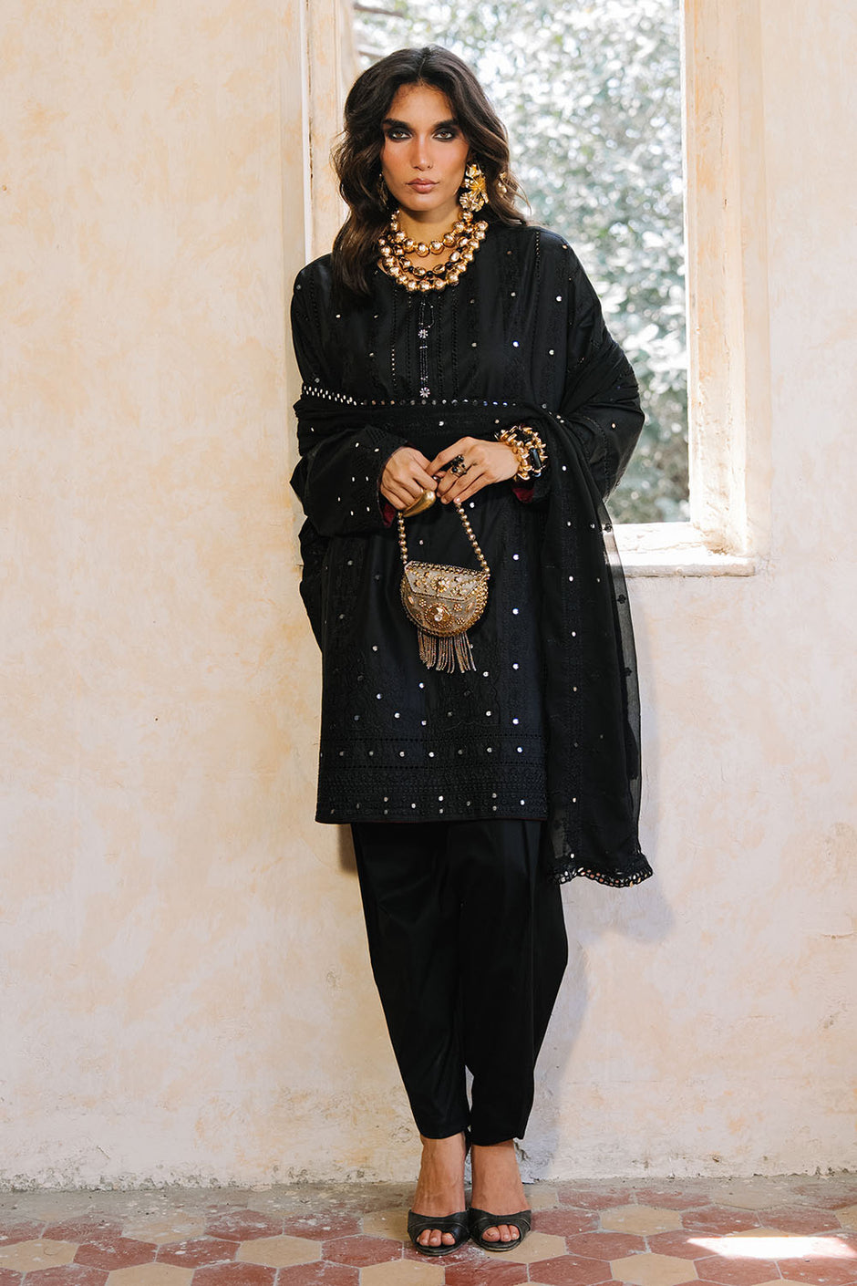 3 Piece Embroidered Lawn Suit with Borders and Embroidered Chiffon Dupatta