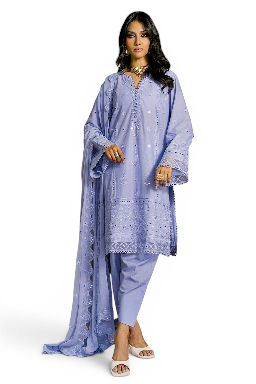 3 Piece Embroidered Lawn Suit with Borders and Embroidered Chiffon Dupatta