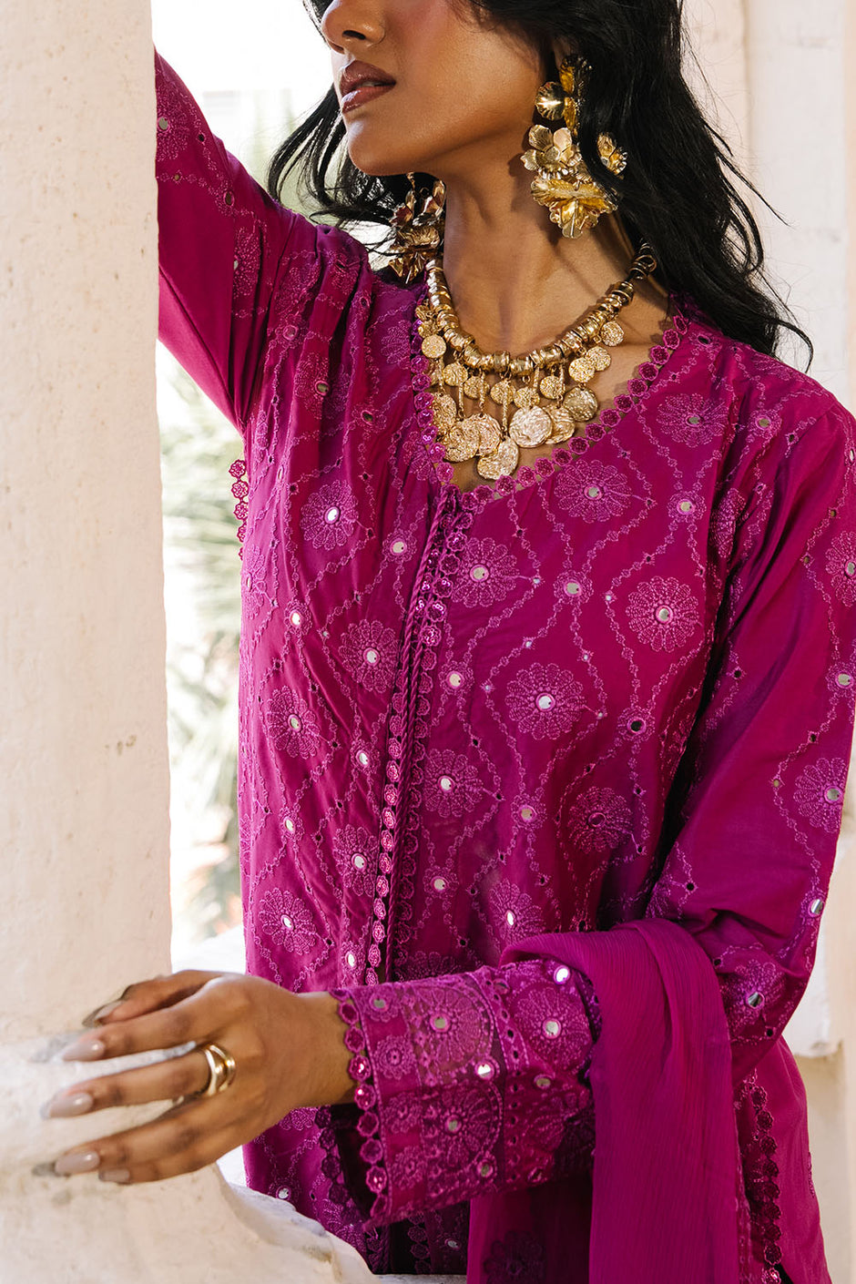 3 Piece Embroidered Lawn Suit with Borders and Embroidered Chiffon Dupatta