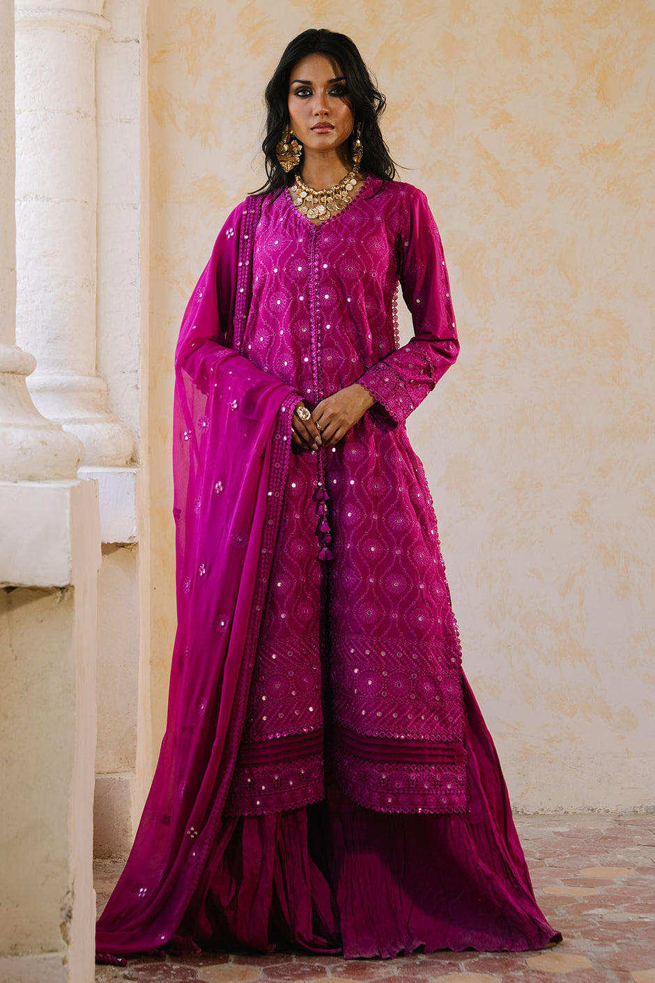 3 Piece Embroidered Lawn Suit with Borders and Embroidered Chiffon Dupatta