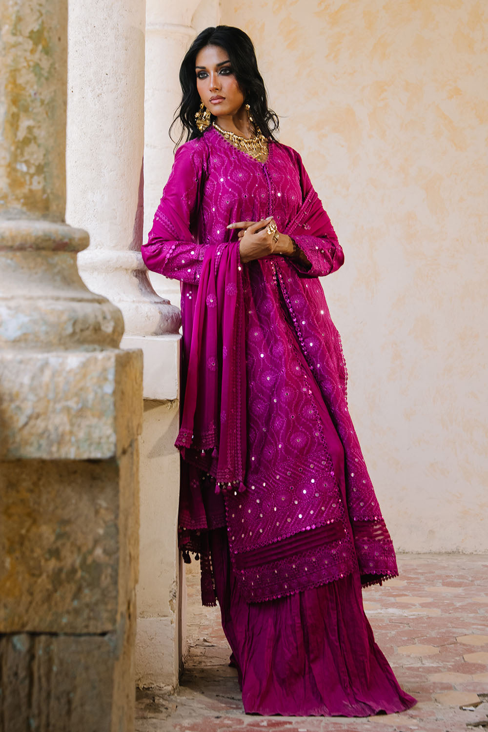 3 Piece Embroidered Lawn Suit with Borders and Embroidered Chiffon Dupatta