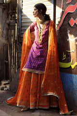 3 Piece Gold and Lacquer Printed Lawn Suit with Embroidered Chiffon Dupatta and Gold and Lacquer Printed Trouser BM-62028