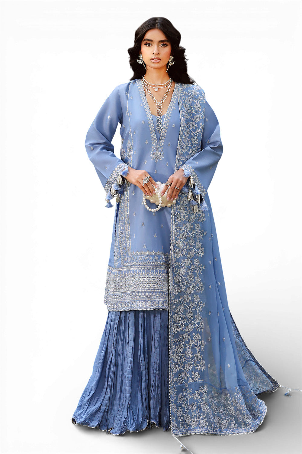 3 Piece Embroidered Raw Silk Suit with Embroidered Chiffon Dupatta LE-62003