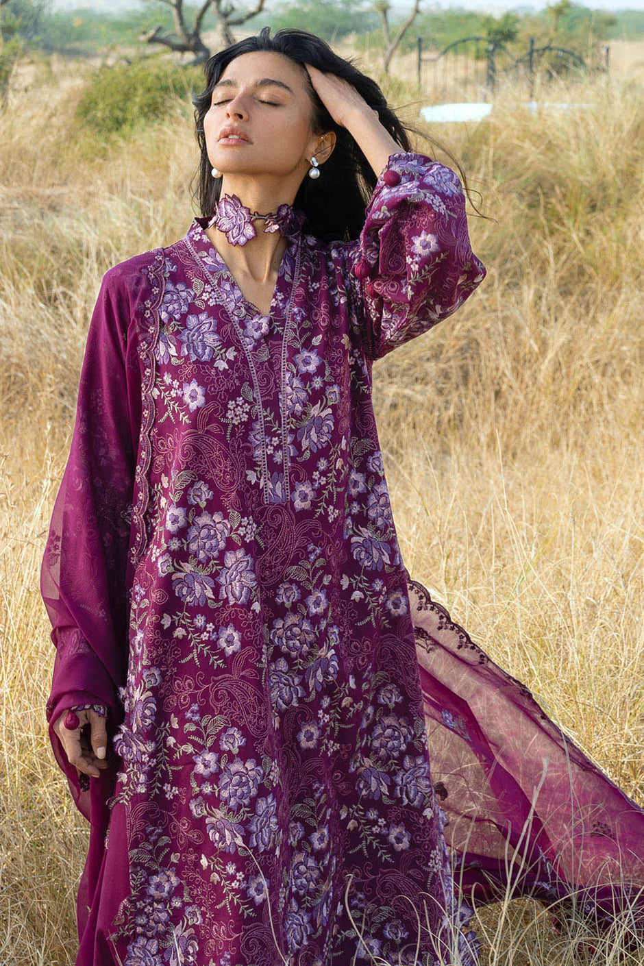 3 Piece Embroidered Swiss Voile Suit with Embroidered Chiffon Dupatta