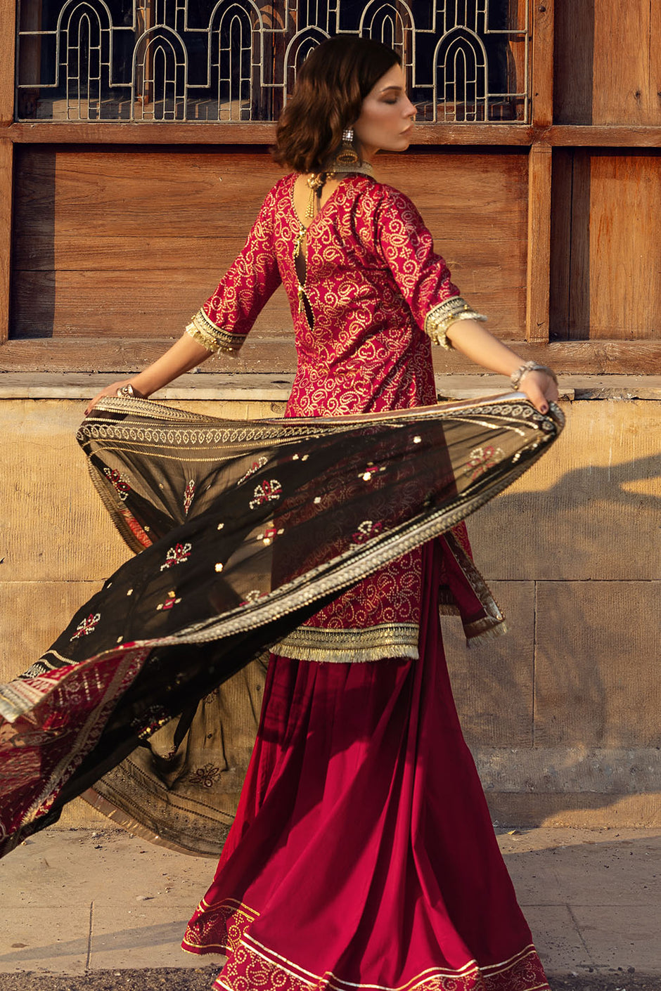 3 Piece Gold Printed Lawn Suit with Zari and Sequins Embroidered Chiffon Dupatta and Dyed Trouser