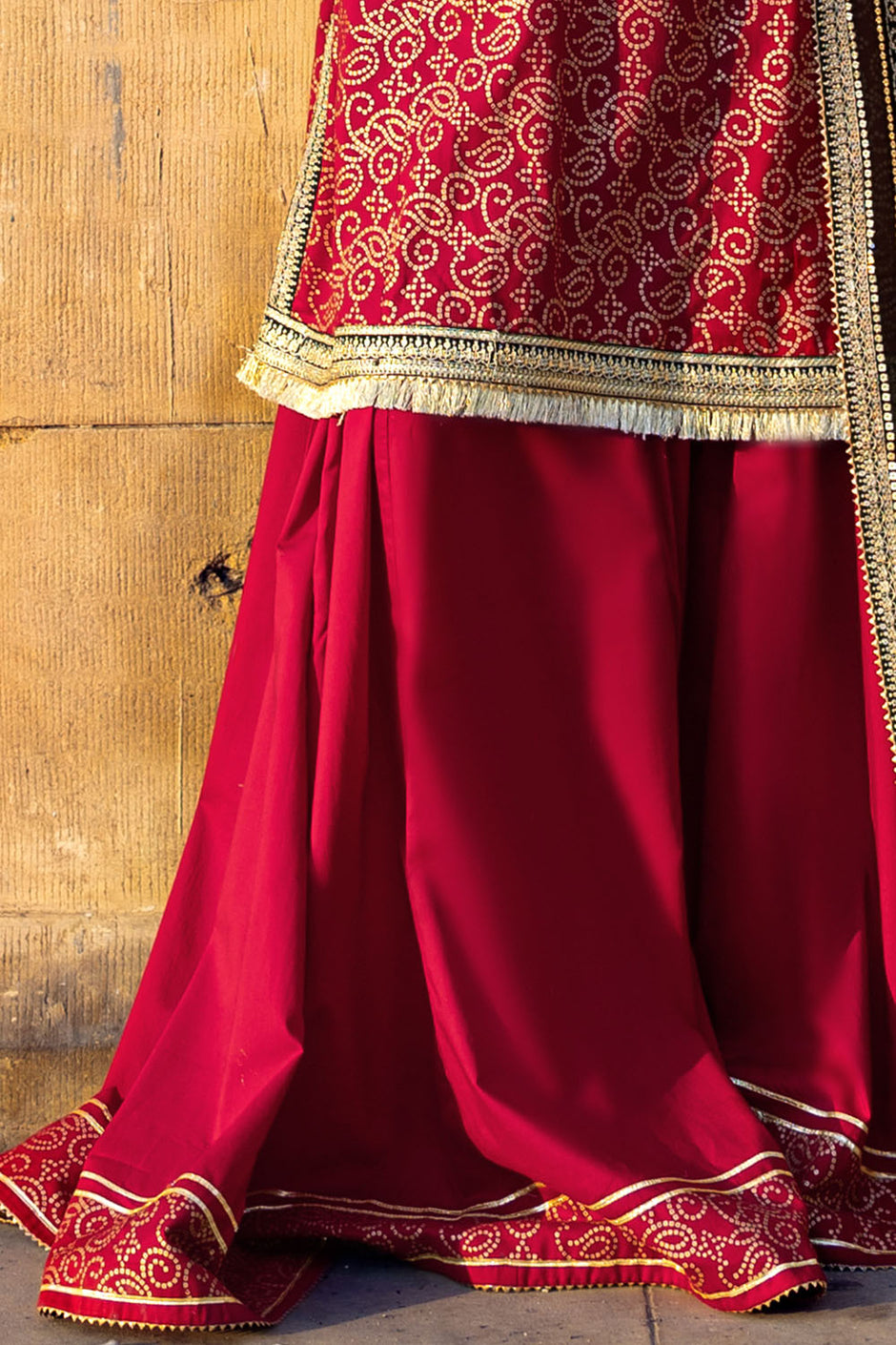 3 Piece Gold Printed Lawn Suit with Zari and Sequins Embroidered Chiffon Dupatta and Dyed Trouser