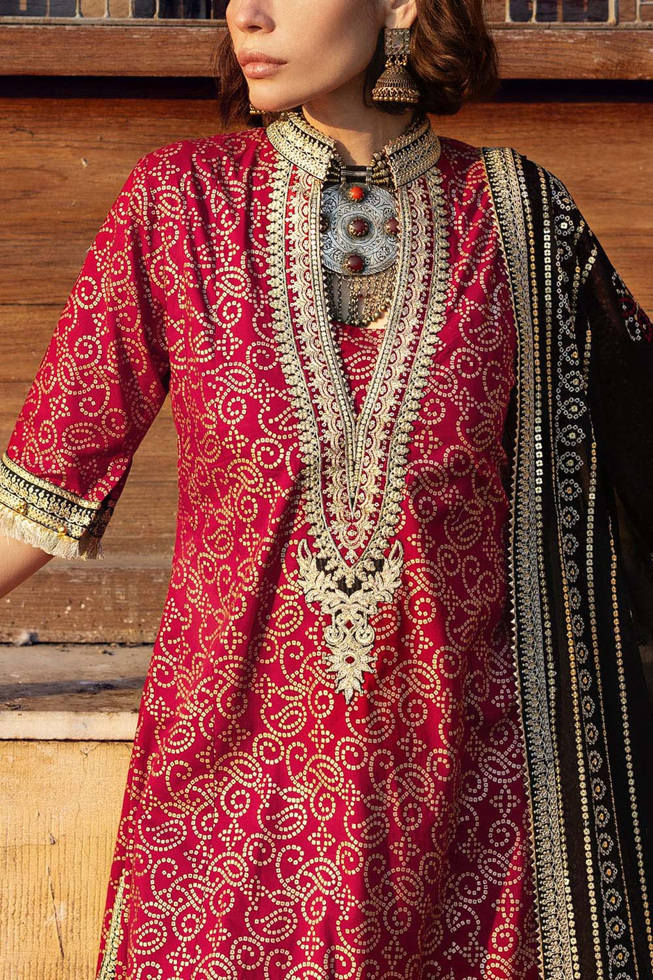 3 Piece Gold Printed Lawn Suit with Zari and Sequins Embroidered Chiffon Dupatta and Dyed Trouser