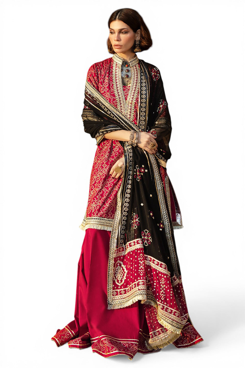 3 Piece Gold Printed Lawn Suit with Zari and Sequins Embroidered Chiffon Dupatta and Dyed Trouser