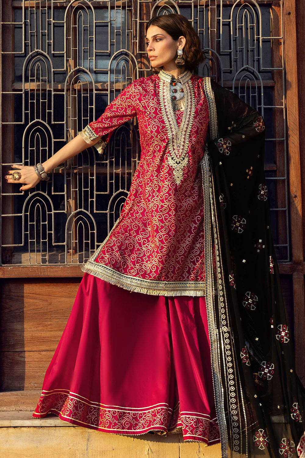 3 Piece Gold Printed Lawn Suit with Zari and Sequins Embroidered Chiffon Dupatta and Dyed Trouser
