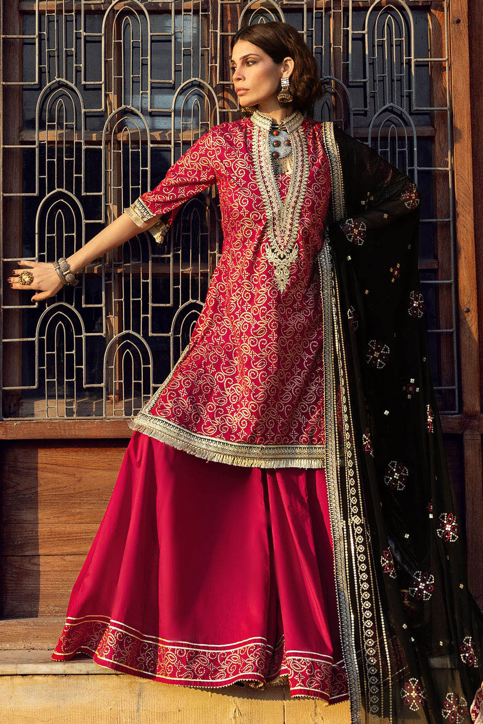 3 Piece Gold Printed Lawn Suit with Zari and Sequins Embroidered Chiffon Dupatta and Dyed Trouser