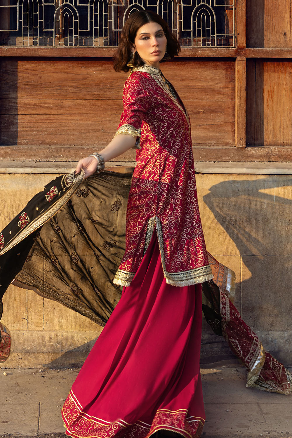 3 Piece Gold Printed Lawn Suit with Zari and Sequins Embroidered Chiffon Dupatta and Dyed Trouser