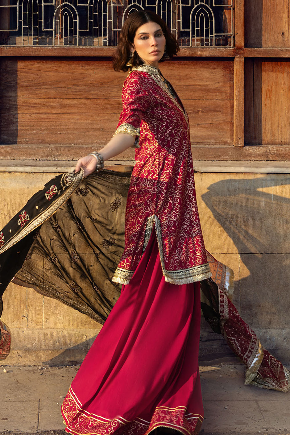 3 Piece Gold Printed Lawn Suit with Zari and Sequins Embroidered Chiffon Dupatta and Dyed Trouser