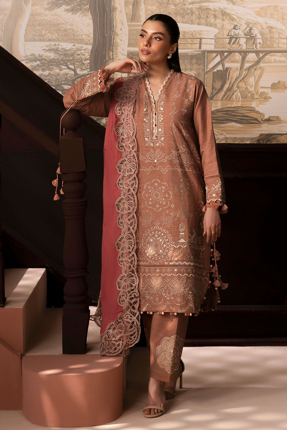 3 Piece Embroidered Cotton Linen Slub Suit