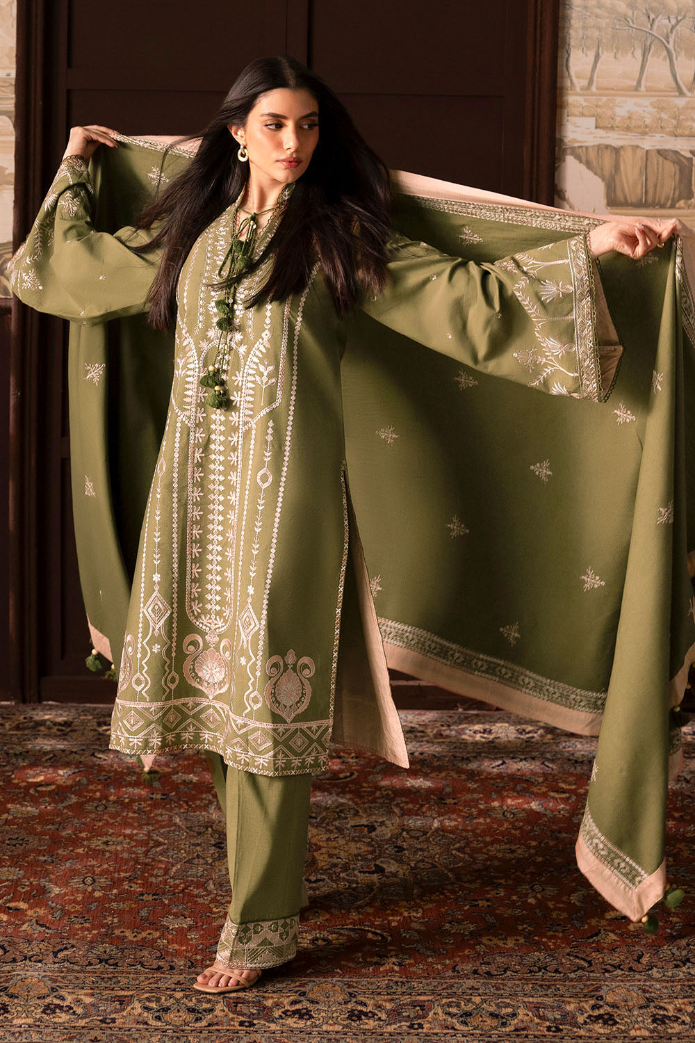 3 Piece Embroidered Cotton Linen Slub Suit