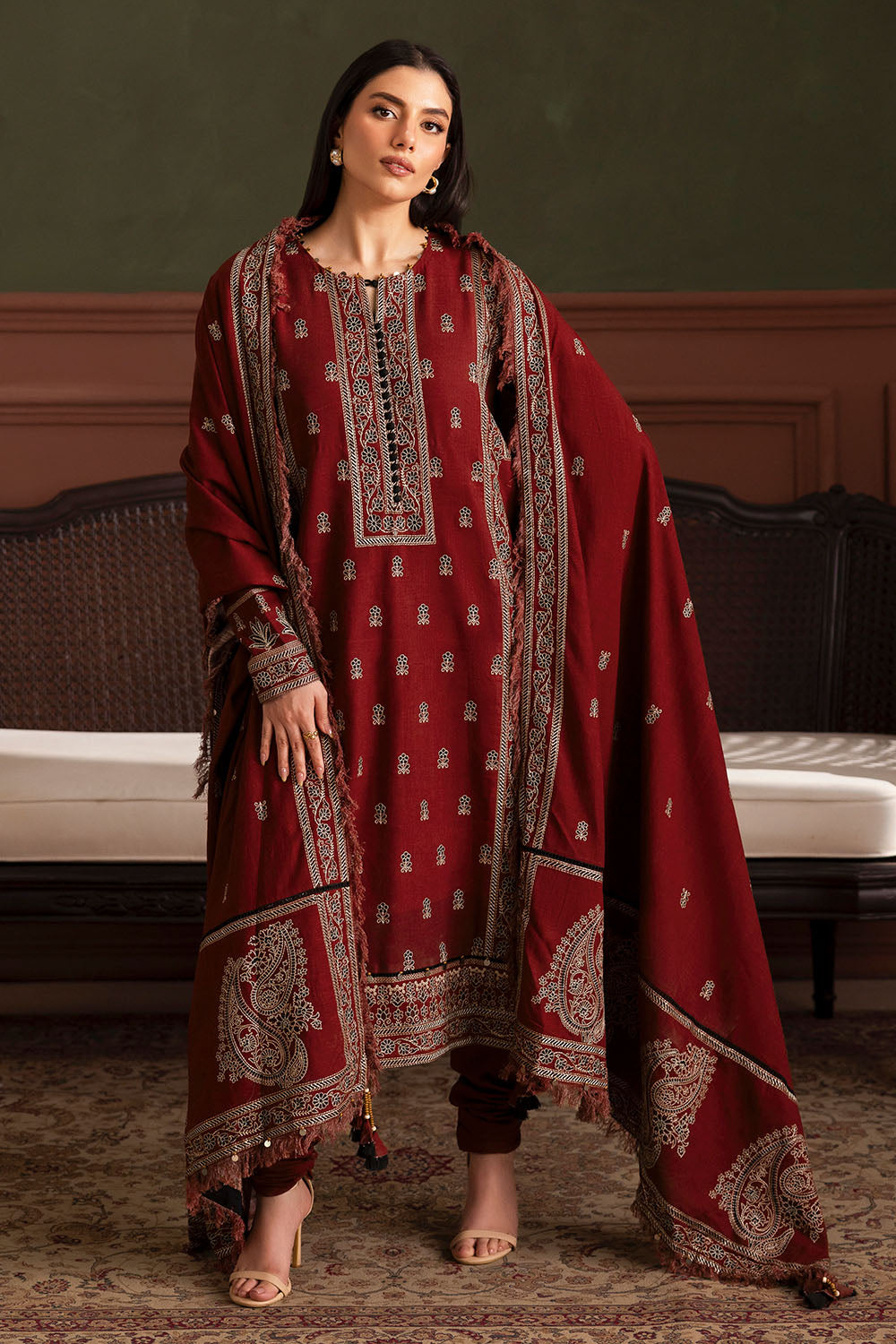 3 Piece Embroidered Cotton Linen Slub Suit