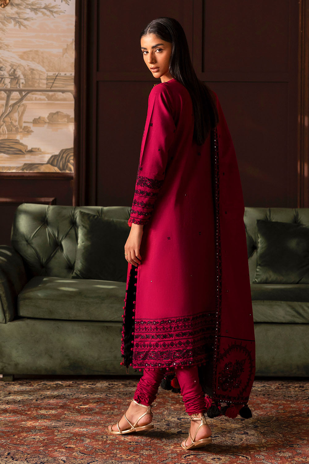 3 Piece Embroidered Cotton Linen Stripe Suit