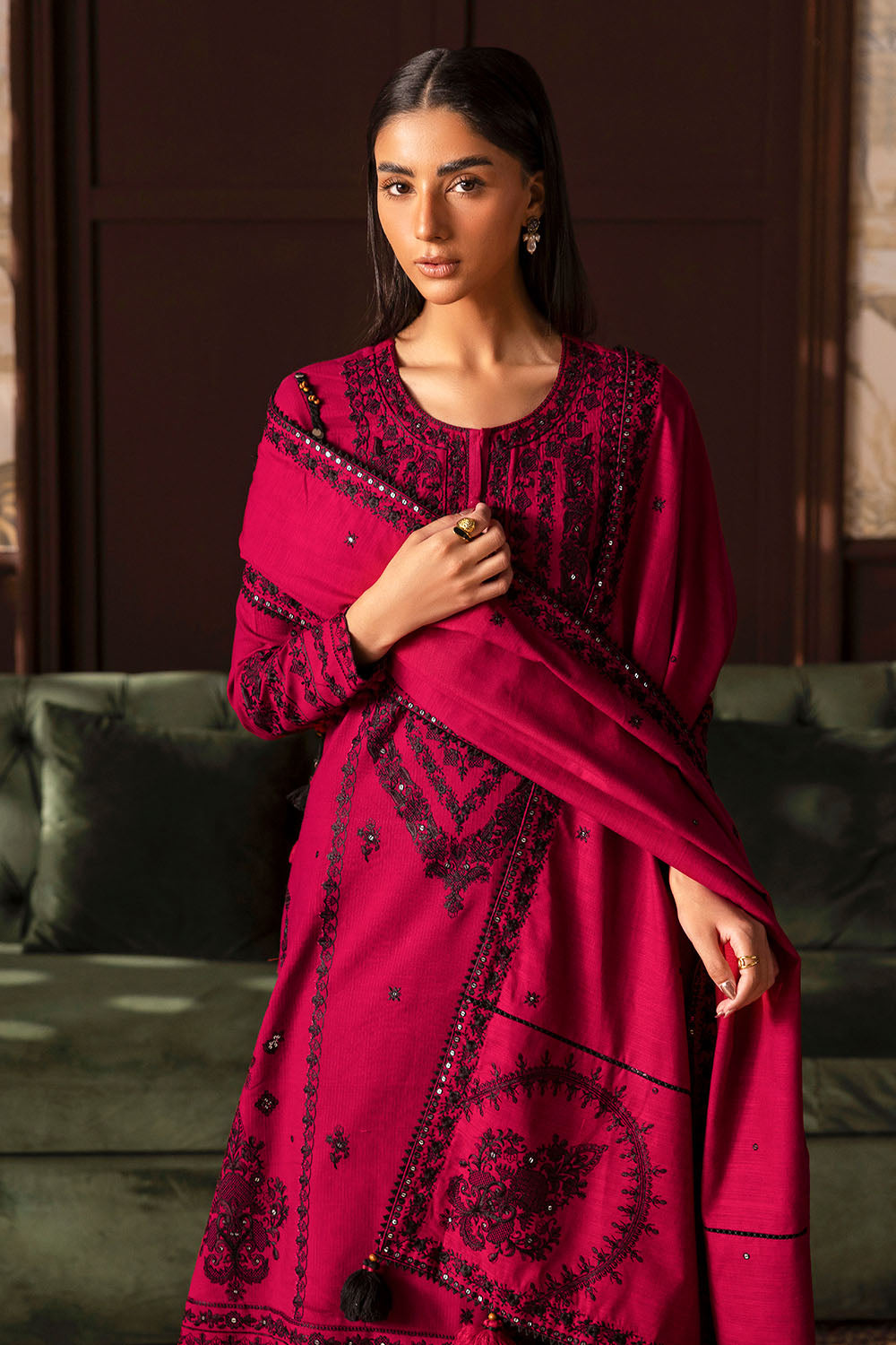 3 Piece Embroidered Cotton Linen Stripe Suit