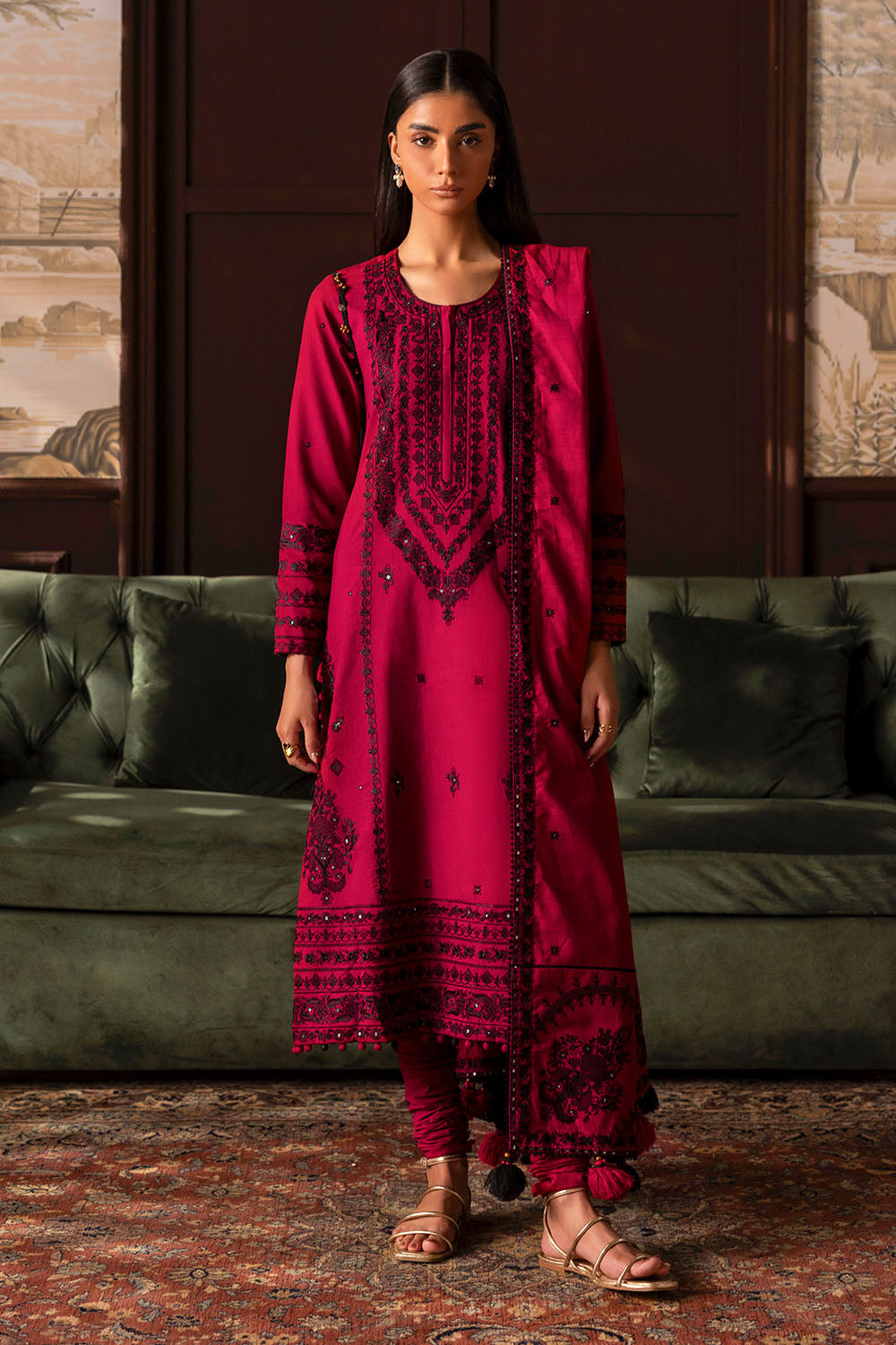 3 Piece Embroidered Cotton Linen Stripe Suit