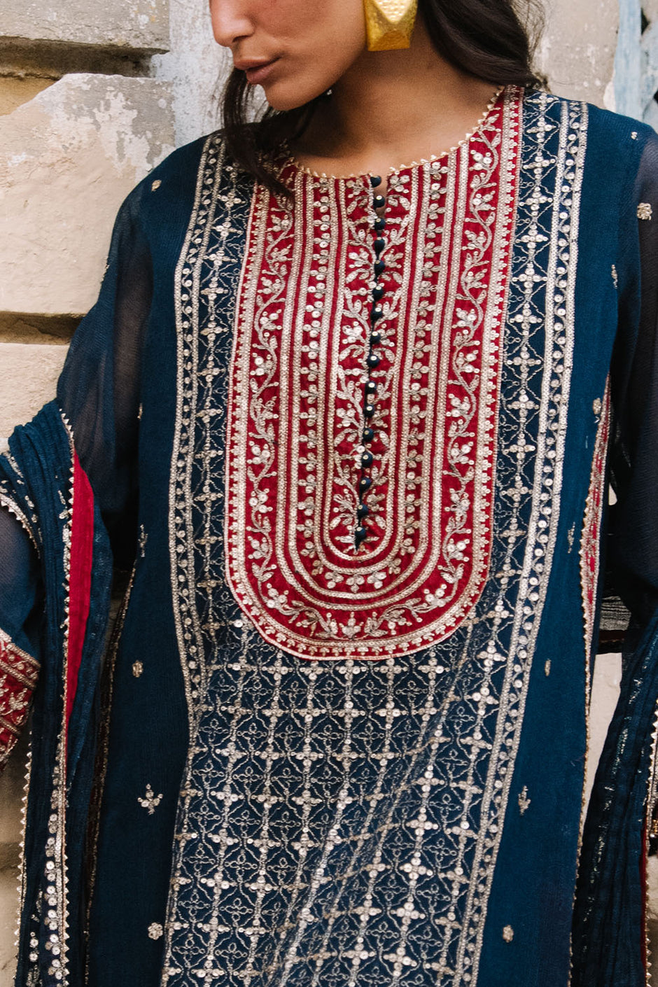 3 Piece Embroidered Cotton Net Suit with Neckline, Borders and Embroidered Cotton Net Dupatta