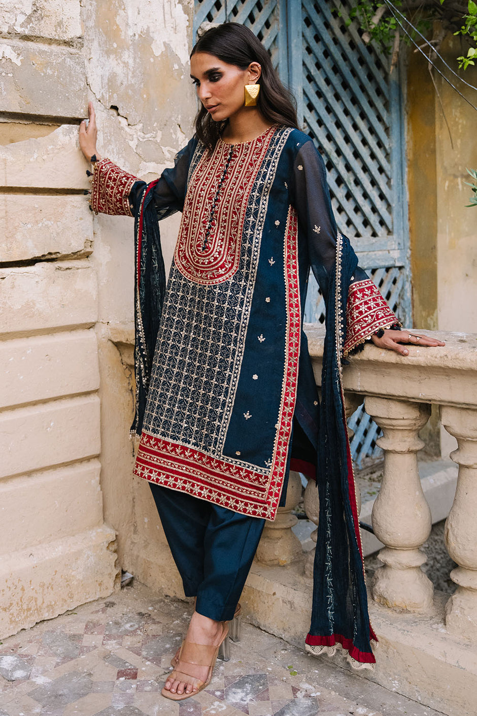 3 Piece Embroidered Cotton Net Suit with Neckline, Borders and Embroidered Cotton Net Dupatta